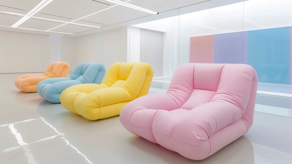 Four large, puffy chairs in pastel shades of pink, yellow, and blue are arranged in a minimalist white room. They are positioned on a white floor, with a window behind them showcasing a soft pastel background. The chairs' plush, inviting design and calming colors create a serene and modern atmosphere.