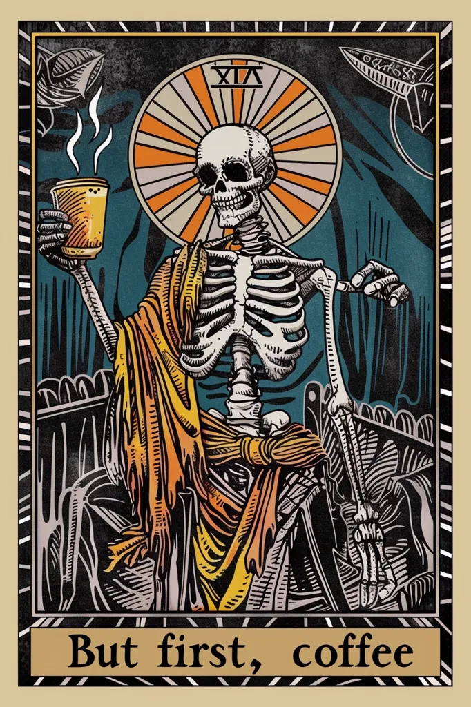 A skeletal figure, dressed in a robe, sits on a throne with a steaming cup of coffee in its bony hand. The image is framed in a black and gold border, with the words "But first, coffee" written beneath. The background is dark blue with a halo of orange and white behind the skeleton. The image has a gothic and humorous feel.
