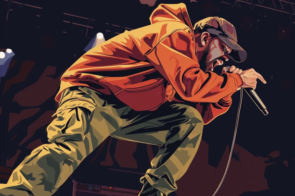 A man wearing an orange hoodie and green cargo pants is singing into a microphone. He is on a stage, and the background is dark with some lights. The man is animated and expressive as he performs. The overall image is vibrant and energetic, capturing the intensity of a live performance.