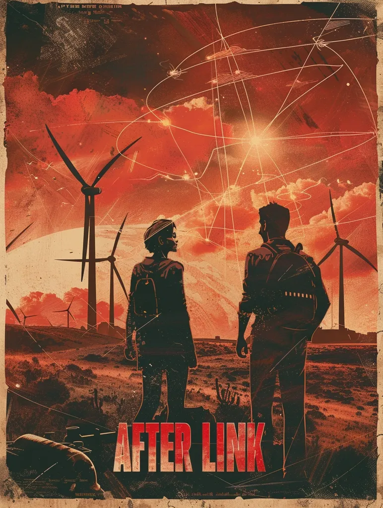 The poster features a vintage style image with a red and orange sunset background. A man and woman stand in silhouette, looking towards the horizon, with wind turbines behind them. A web of white lines stretches across the sky. The title "After Link" is written in bold red letters at the bottom of the poster. The overall tone is mysterious and intriguing.