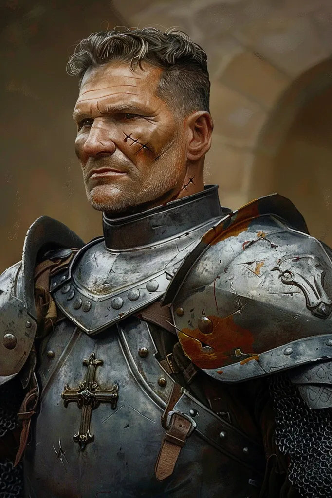 A weathered knight, his face scarred and etched with battle, stares intensely into the distance. Clad in heavy, worn armor with a prominent cross on his chest, his gaze suggests a man hardened by conflict and unwavering in his convictions. The image captures the intensity and determination of a seasoned warrior.