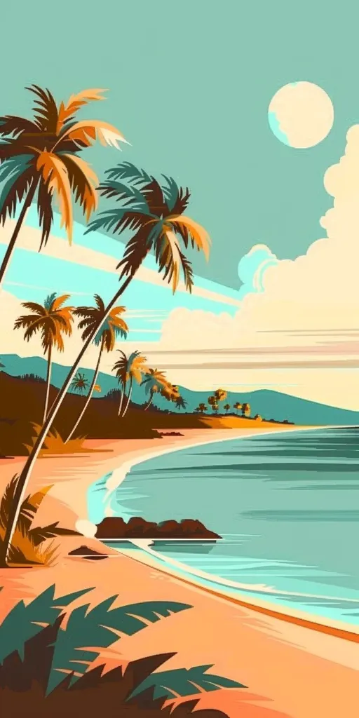 A vibrant illustration of a tropical beach scene. Palm trees sway in the breeze, their shadows stretching across the soft, golden sand. The turquoise water of the ocean laps gently at the shore, creating a sense of tranquility. In the distance, a fluffy white cloud floats in a sky of pale blue. The overall mood is one of relaxation and escape.