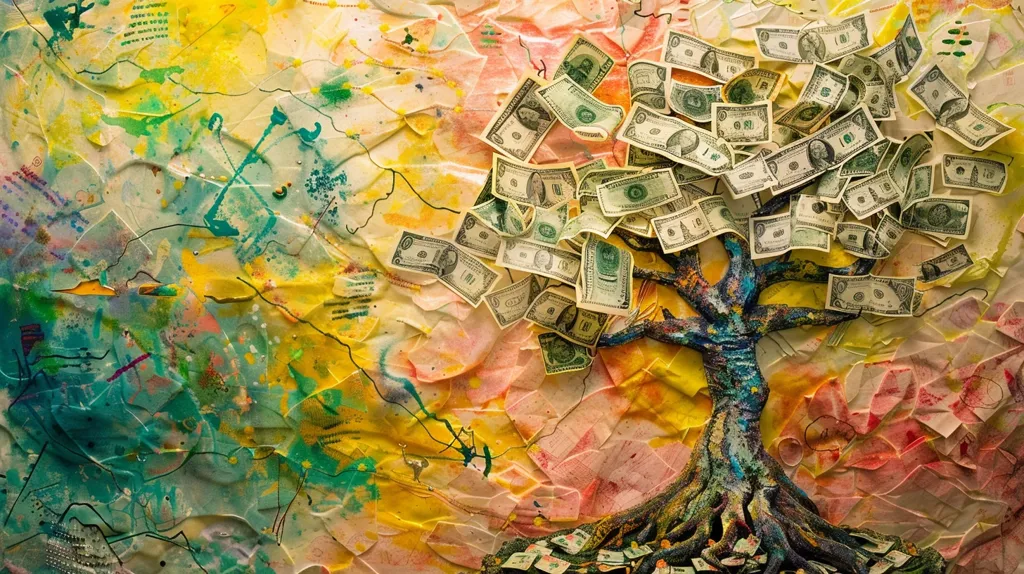 The image depicts a colorful abstract painting of a tree with US dollar bills as leaves. The tree is painted in vibrant hues of blue, green, and purple, while the background is a chaotic mix of yellow, pink, and orange.  The dollar bills are scattered around the tree, creating a sense of abundance and prosperity. The artwork likely explores themes of money, wealth, and the pursuit of financial success.