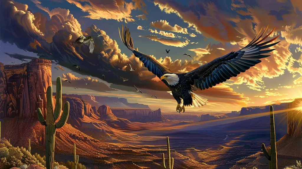 A majestic bald eagle soars through a vibrant sunset sky, its wings outstretched against a backdrop of rugged desert canyons. The setting sun casts a golden glow over the landscape, highlighting the towering rock formations and the solitary cactus plants. The eagle's sharp eyes focus on the distant horizon, symbolizing freedom and strength. The image evokes a sense of awe and wonder at the beauty and vastness of nature.
