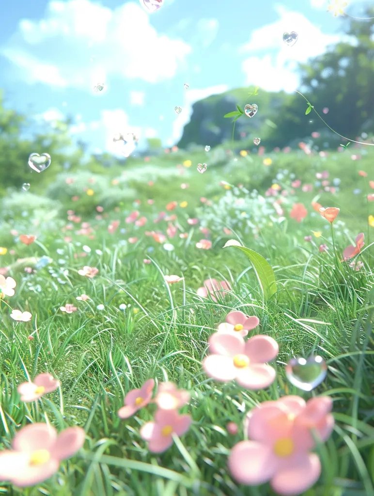 A field of lush green grass is dotted with delicate pink flowers. The sky above is a bright blue with fluffy white clouds. Scattered throughout the scene are small, shimmering heart-shaped objects, adding a whimsical touch. The overall atmosphere is serene and dreamy, evoking a sense of peace and tranquility.