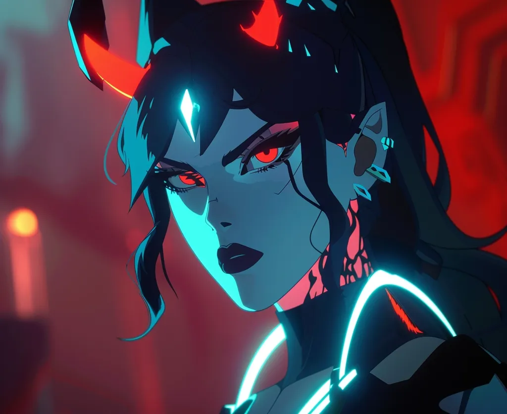 The image features a woman with long black hair, red horns, and a piercing gaze. She has bright red eyes and wears a black and blue outfit with neon green accents. Her expression is intense and focused, as if she is ready for battle. The background is a blurry red and orange, adding to the sense of danger and excitement. The overall image is a blend of anime style and cyberpunk aesthetics, creating a visually striking and captivating portrait.