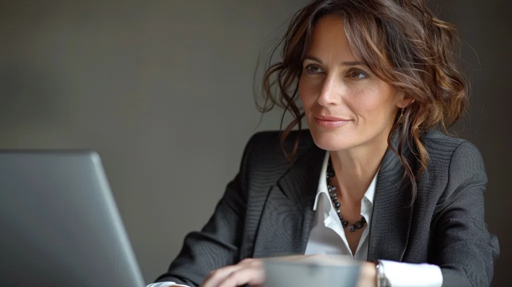 A woman in a black blazer and white shirt sits at a table looking to her left, with a laptop in front of her. Her dark brown hair is styled in soft waves, and she is wearing a necklace. She appears to be in a professional setting, perhaps a coffee shop or office. The image is focused on the woman's face and shoulders, highlighting her serious expression.  The blurred background emphasizes her presence.