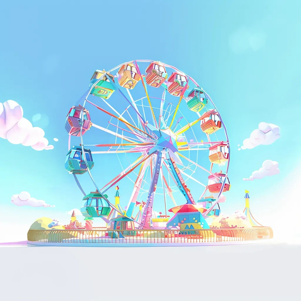 A vibrant Ferris wheel stands against a bright blue sky, adorned with colorful cabins.  The wheel is surrounded by a white sandy area, hinting at a funfair setting.  Fluffy clouds drift leisurely overhead, adding to the whimsical atmosphere.  The image evokes a sense of carefree joy and amusement.