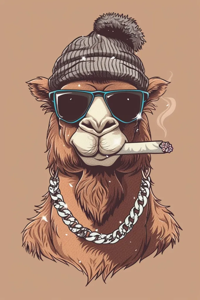 A cartoon camel is wearing a grey beanie with a fluffy pom-pom, sunglasses, and a silver chain. It is holding a lit cigarette in its mouth with a smug expression on its face. The camel is depicted against a light brown background.