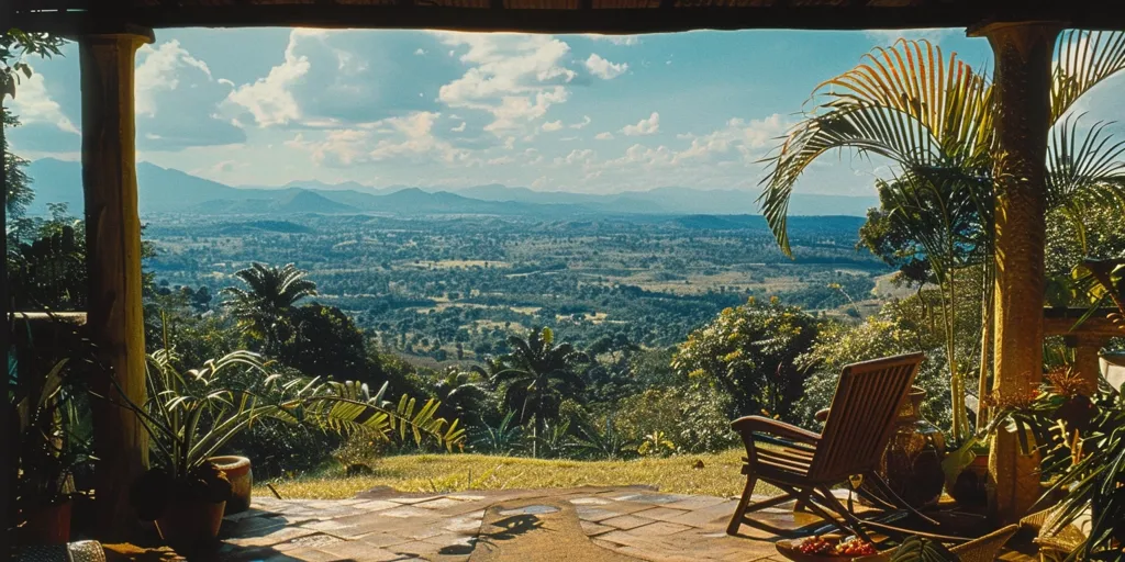 The image shows a picturesque view from a porch, framed by a wooden beam and a pillar. Lush greenery and palm trees fill the foreground, leading to a breathtaking vista of rolling hills and distant mountains. A comfortable wooden chair sits invitingly on the patio, creating a tranquil atmosphere for enjoying the serene landscape. The bright blue sky dotted with white clouds adds to the beauty of the scene, making it a perfect place to relax and unwind.