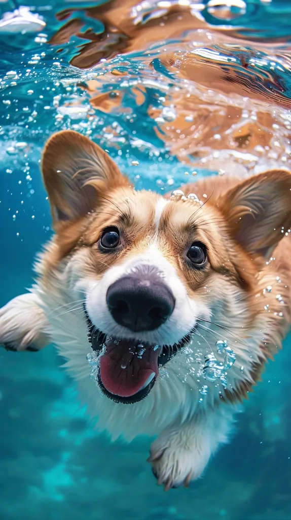 A corgi dog swims underwater, its head and front paws visible. It looks up at the camera with a playful expression, its tongue sticking out and bubbles surrounding its face. The water is a vibrant blue, creating a beautiful contrast with the dog's brown and white fur. The photo captures the joy and energy of a dog enjoying a refreshing swim.