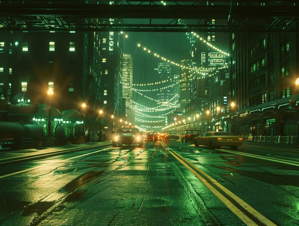 A rainy night in a city, lit by streetlights and strings of fairy lights. Cars drive down the wet asphalt street, passing under a bridge. Buildings line both sides of the road, their windows glowing with light. The scene has a cool, green, and slightly futuristic feel.