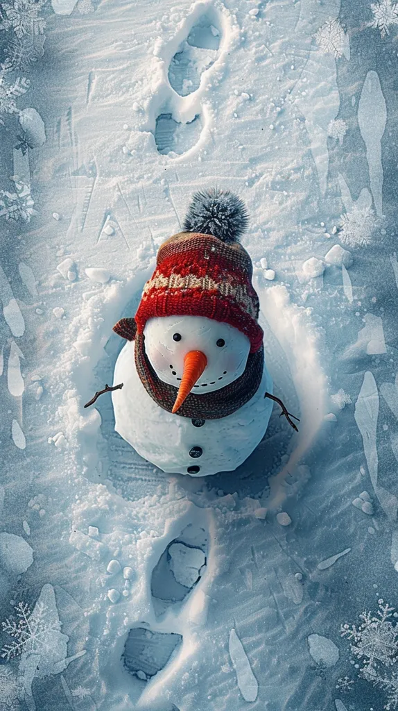 A snowman with a red and white knitted hat and a brown scarf stands in a snowy landscape. The snow is covered in footprints and snowflakes. The snowman has a friendly face with a carrot nose and black eyes. The scene is peaceful and wintery.