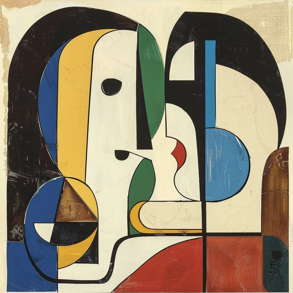 The abstract painting features geometric shapes in bold colors, including black, white, yellow, red, blue, green, and brown. The composition is centered around two figures, one on the left and one on the right, which appear to be intertwined and facing each other. The image suggests a sense of connection and interaction. The use of vibrant colors and sharp lines creates a dynamic and energetic aesthetic. The overall impression is of a bold and expressive artwork.