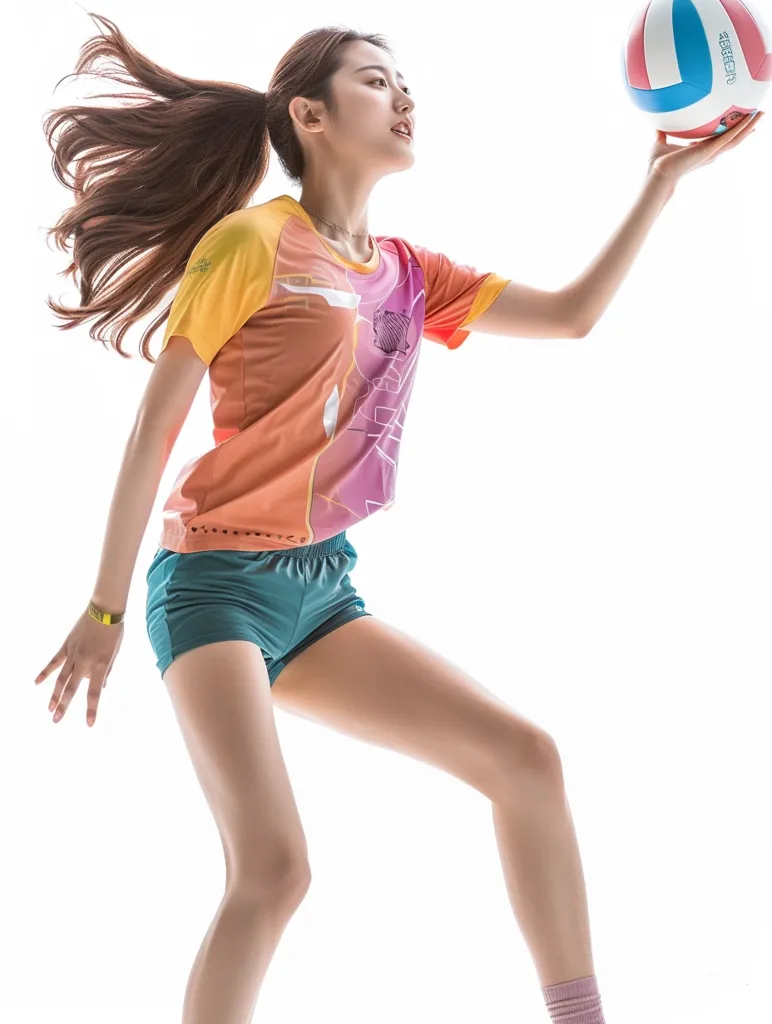 A young woman with long brown hair tied back in a ponytail is wearing a colorful athletic shirt and shorts. She is holding a volleyball in her right hand and is looking to the left of the frame. The background is a plain white. The image appears to be a sports-themed photograph.
