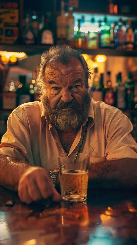 A man with a thick beard sits at a bar, his face illuminated by the warm glow of the lights. He wears a light-colored shirt and a chain around his neck. His hand rests on a glass of amber liquid, the condensation clinging to the sides. The bar is lined with shelves of bottles, creating a hazy, atmospheric backdrop.  He looks intently towards the camera, conveying a sense of weary contentment.