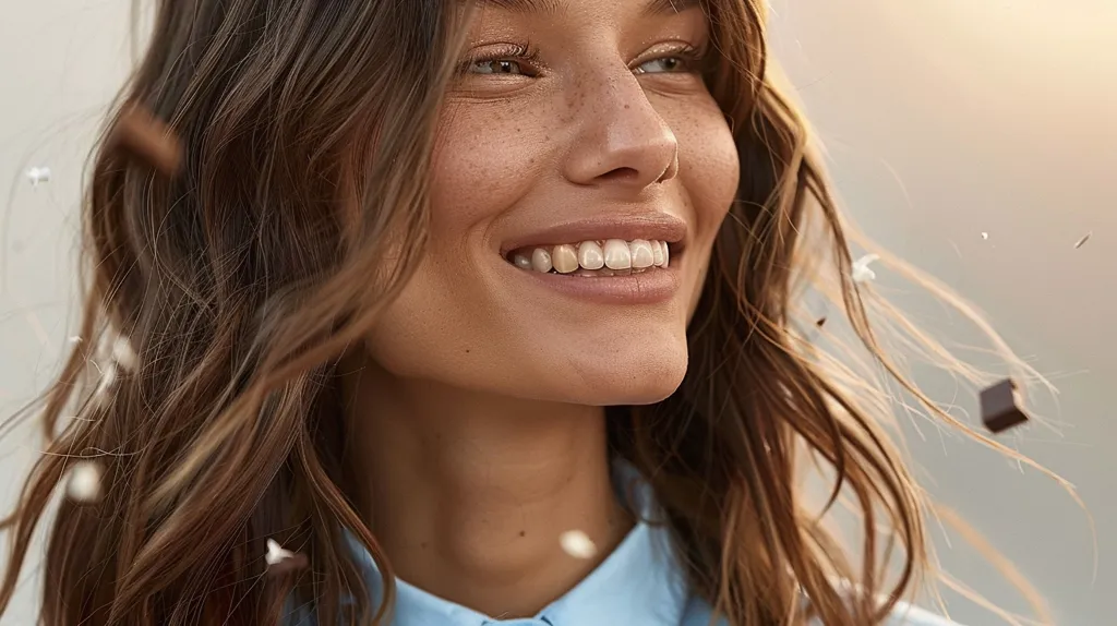 A young woman with long brown hair is smiling brightly. She is wearing a blue shirt and has freckles on her face. The background is a blurred out, warm sunset. Small white and brown shapes are falling around her, adding a whimsical feel to the image. The overall mood is happy and carefree.