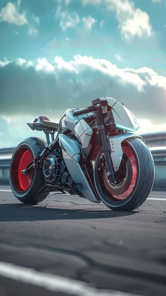 A futuristic-looking motorcycle with a sleek, silver body and red accents is parked on a paved road. The motorcycle has a large, round front wheel and a smaller rear wheel, both with red detailing. The background features a blue sky with fluffy white clouds. The motorcycle appears to be designed for speed and performance.