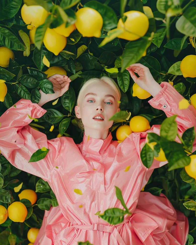 A young woman with blonde hair, wearing a pink jacket, lies in a lemon tree.  She is surrounded by green leaves and yellow lemons.  The vibrant colors of the fruit and her clothing contrast with the lush green foliage, creating a striking image.  The woman's expression is soft and contemplative, adding a sense of tranquility to the scene.