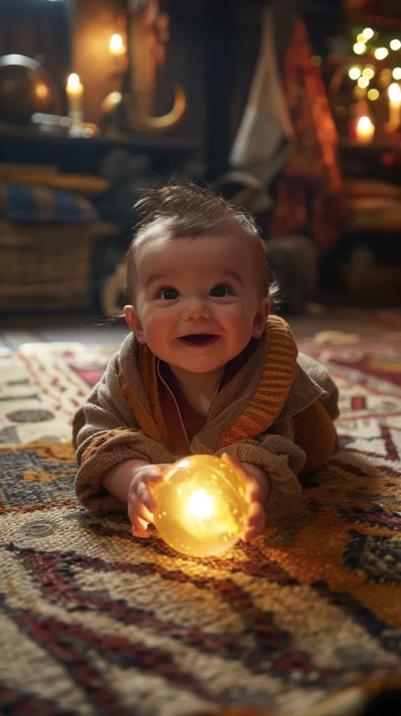 A baby with brown hair, wearing a brown sweater, lies on a colorful rug. The baby is smiling and holding a glowing yellow orb. There are lights in the background, suggesting a cozy and festive atmosphere. The baby's expression is full of wonder and delight.
