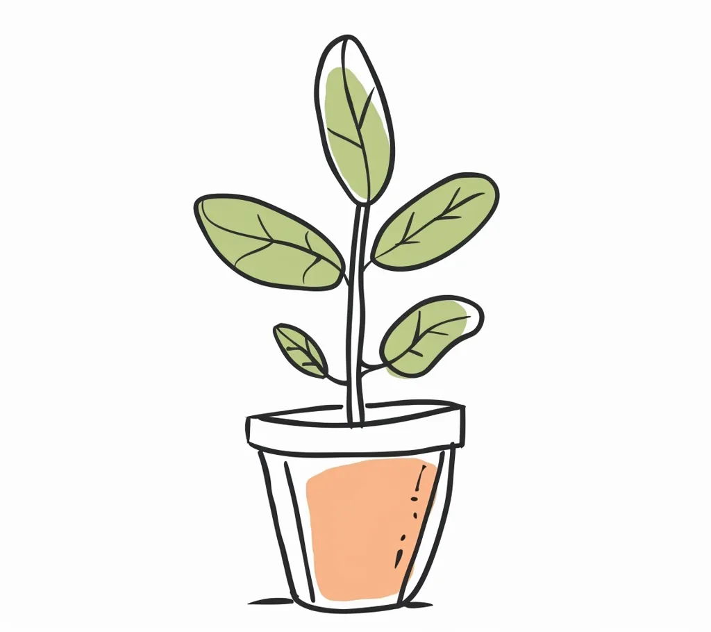 A simple line drawing of a potted plant with four leaves, a brown pot, and a green stem. The plant is isolated on a white background. The drawing style is casual and freehand, with slightly uneven lines. The image evokes a sense of simplicity and nature.