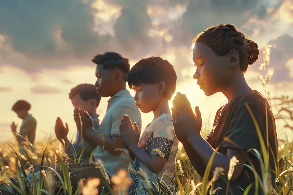 Four children stand in a field of tall grass, heads bowed and hands clasped in prayer. The setting sun casts a warm glow over the scene. The children are diverse in appearance, but their shared faith and the peaceful setting create a sense of unity.