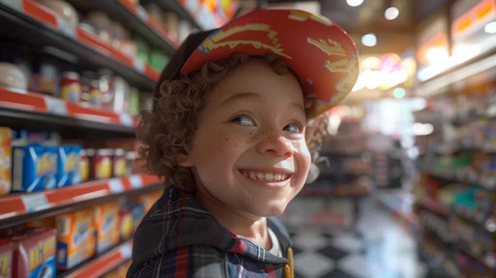 A young boy with curly hair and freckles smiles brightly at the camera. He is wearing a red and yellow baseball cap with a graphic design, a plaid shirt, and a black jacket. He is standing in a grocery store aisle, with shelves of products blurred in the background. The lighting is bright and warm, creating a cheerful atmosphere. The boy's youthful energy and infectious smile make him the center of attention in the image.