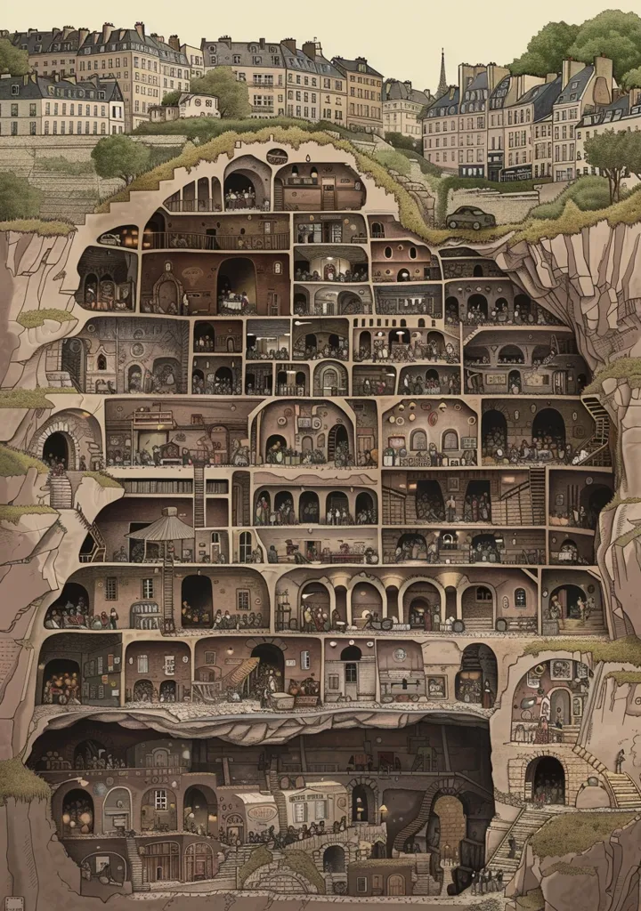 The image shows a cross-section of a cliff, revealing a complex network of underground dwellings. The cliff is situated on top of a hill, with a town visible in the background.  The underground city is filled with people going about their daily lives, highlighting a hidden world within the seemingly ordinary landscape. The intricate details and use of perspective create a sense of wonder and intrigue.