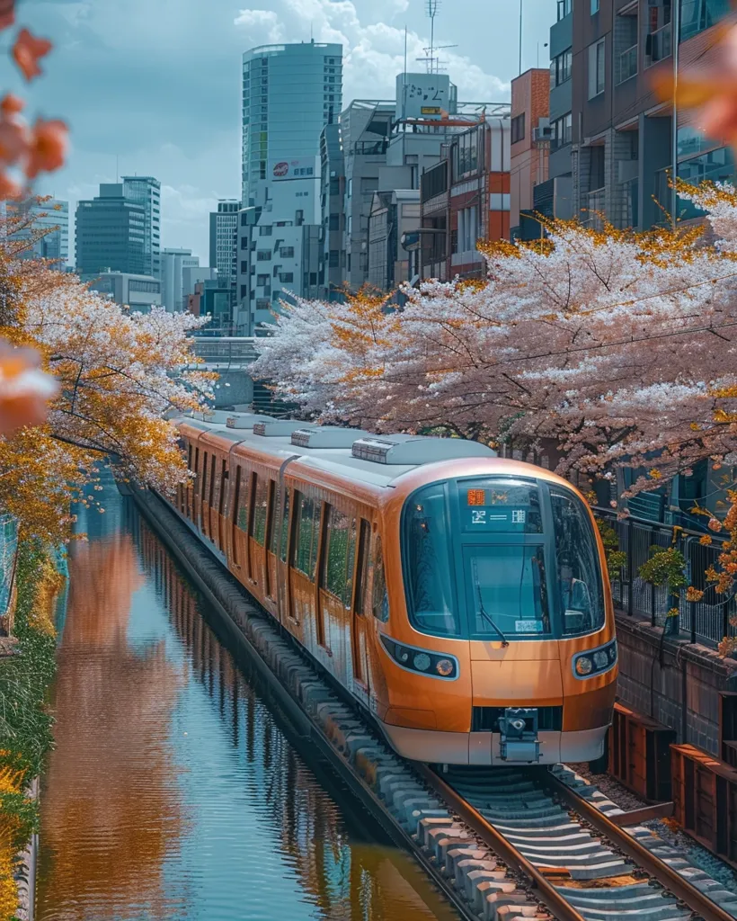 A golden train runs along a narrow canal in a Japanese city. The canal is lined with cherry blossom trees, their pink and white flowers cascading down in a gentle spring breeze. The train's sleek design contrasts with the rustic charm of the surrounding buildings and the tranquil water. The image captures a serene moment in an urban environment, where nature and modernity coexist.