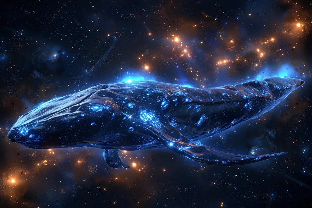 A celestial whale, made of twinkling stars and nebulae, swims through a dark, starry expanse. Its body shimmers with a blue light, contrasting with the orange and yellow hues of distant galaxies. The whale's silhouette evokes a sense of wonder and awe at the vastness of the cosmos.