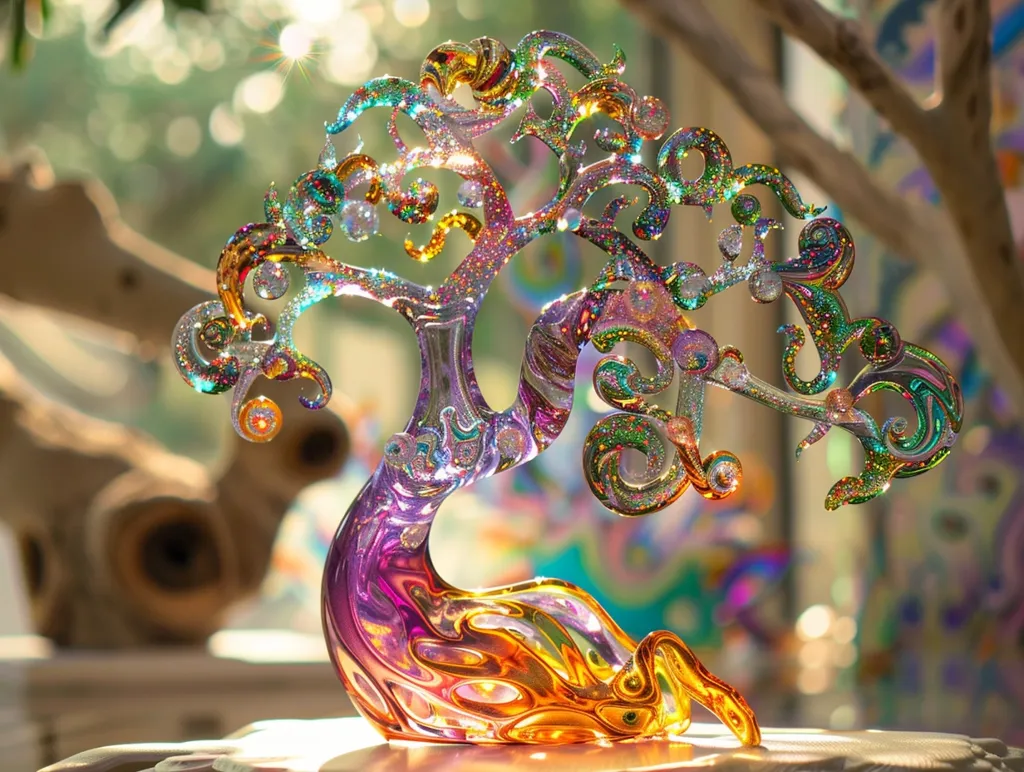 A whimsical glass tree sculpture stands tall, its intricate branches adorned with iridescent glitter. The sculpture is crafted with swirling colors of purple, orange, and green, creating a captivating display of light and texture. The background features a blurred image of a tree trunk and other colorful glass objects, adding to the enchanting atmosphere.  The sculpture catches the light, reflecting a myriad of shimmering hues, showcasing the artistry and beauty of glasswork.