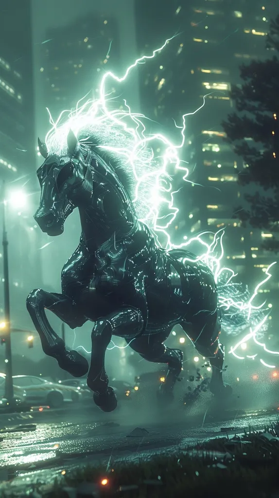 A dark, metallic horse gallops through a city street, glowing with electric energy. The horse's mane and tail are made of swirling electricity, and its eyes burn with a green light. The city lights and buildings are blurred in the background, creating a sense of speed and motion. The horse appears to be a powerful and supernatural creature, possibly a mythical beast like a centaur or a unicorn.