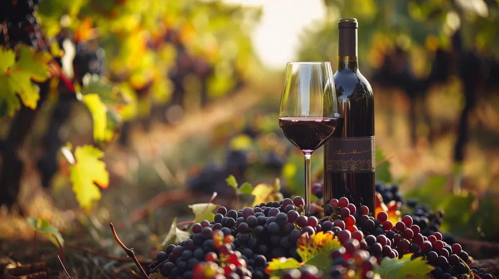 A bottle of wine stands tall amongst a cluster of ripe red grapes.  The vineyard background is blurred, creating a soft, autumnal feel. A glass of wine sits partially filled, ready for a toast. The scene evokes a sense of peace and relaxation, perfect for enjoying a glass of wine in the vineyard.