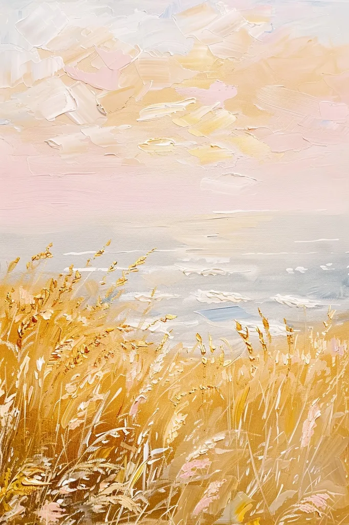 The painting depicts a seascape with a soft, pastel color palette. The sky is painted in delicate shades of pink and white, blending into a light blue ocean. The foreground is a field of golden grass, swaying gently in the breeze. The brushstrokes are loose and expressive, creating a sense of movement and tranquility. The overall mood is serene and calming, capturing the beauty of a peaceful seaside scene.