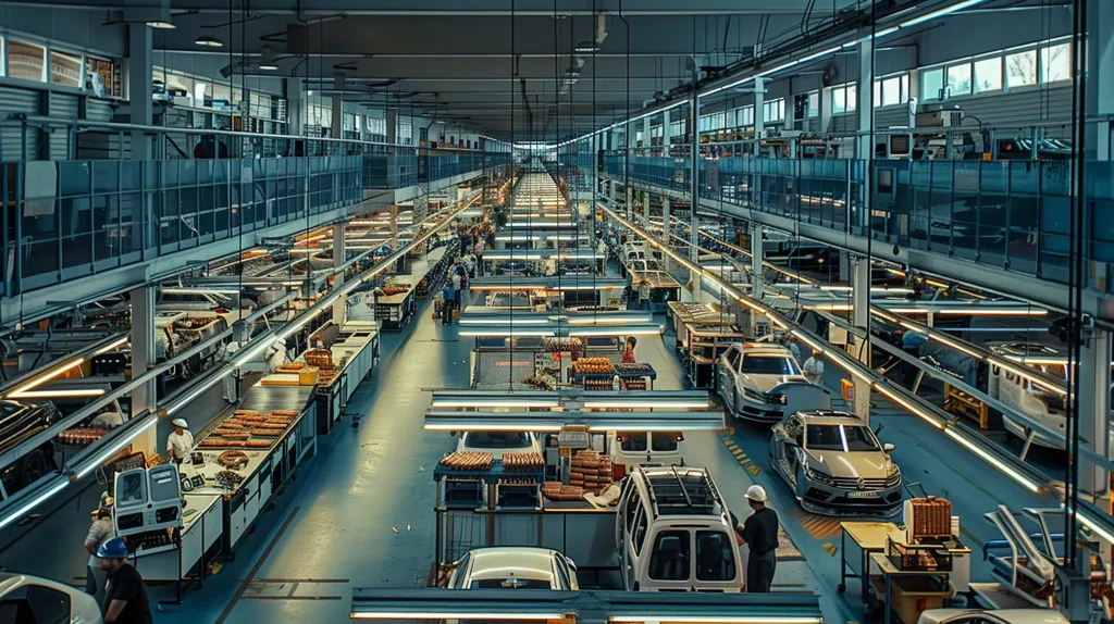 The image shows a large, industrial factory with a complex system of conveyor belts and workstations. Cars are being assembled on the lines, with workers scattered throughout the space. The factory is well-lit with fluorescent lights and has a high ceiling. The image captures the intricate process of automotive manufacturing, highlighting the scale and precision involved.