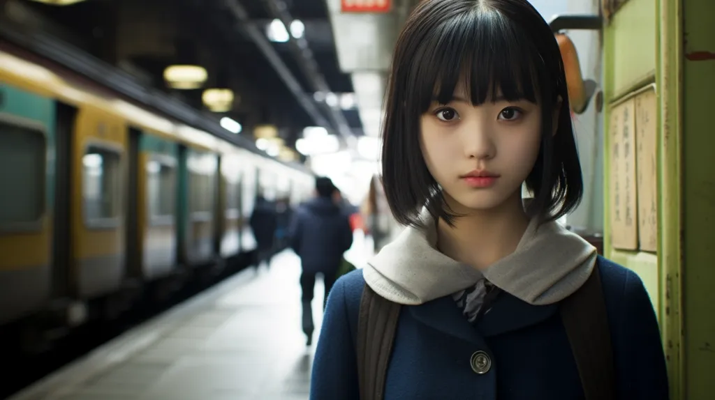 A young woman with straight black hair stands in a train station, looking directly at the camera with a serious expression.  She wears a navy blue coat with a white collar and a brown backpack. A yellow and green train is in the background, blurred and out of focus. The station is dimly lit, with overhead lights and a general feeling of quiet.  The image is cropped to focus on the woman's face.