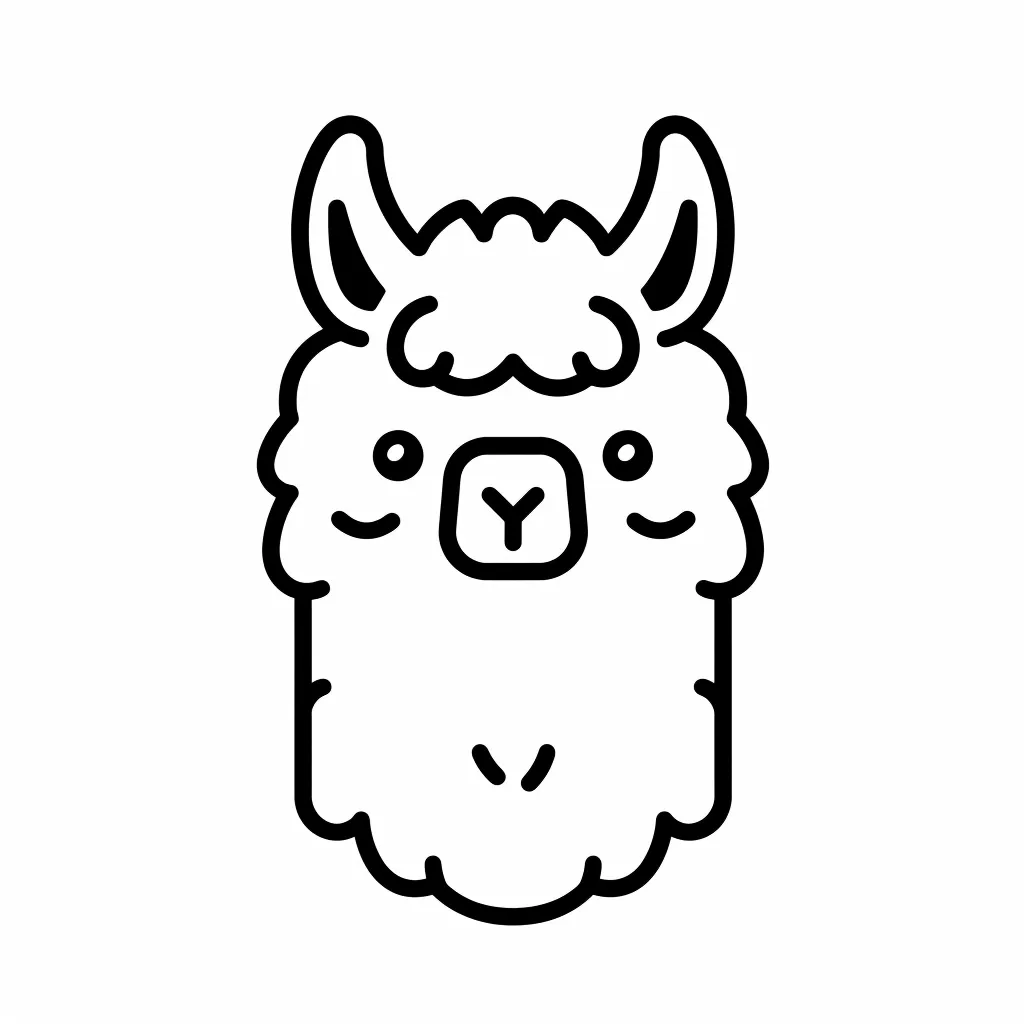 The image shows a simple line drawing of a llama's face. The llama has large, floppy ears, a fluffy head of hair, and a small, pointed nose. The outline of the llama's body is also visible, creating a cute and cartoon-like appearance. The line art is thick and bold, creating a clear and easily recognizable image.