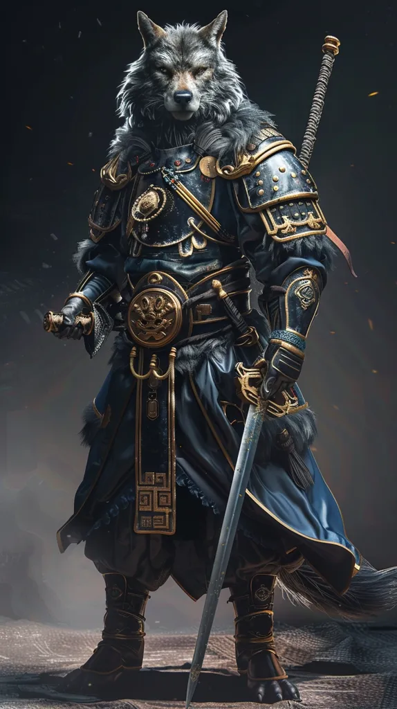 A wolf-like creature, possibly a werewolf, stands against a dark background. It is clad in elaborate armor, with gold accents, and holds a long sword. The creature's fierce gaze and the details of its attire suggest a powerful warrior. The overall image evokes a sense of fantasy and adventure.