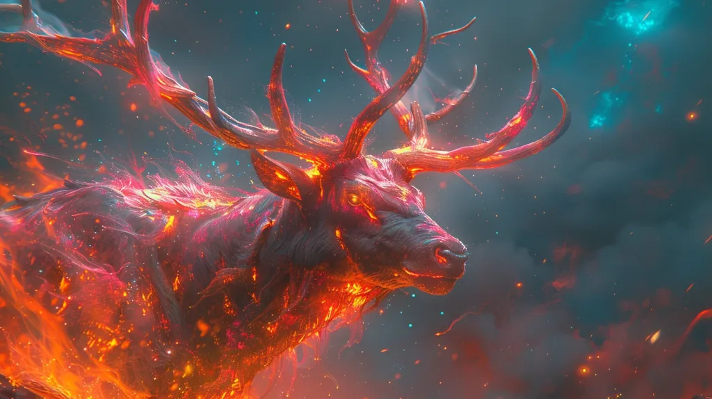 A fiery stag, its antlers ablaze, leaps through a dark, stormy sky. The stag's body is a swirling mass of flames, its eyes glowing with an ethereal light. The background is a chaotic mix of smoke and sparks, with a few blue celestial bodies scattered throughout. The image evokes a sense of power, intensity, and the primal forces of nature.