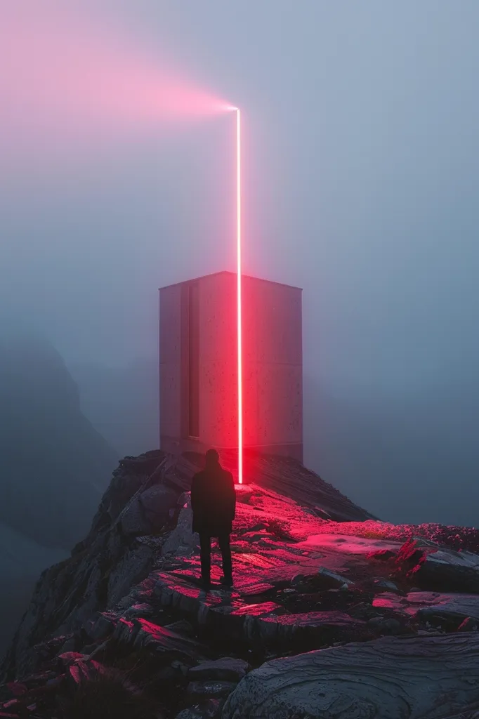 A lone figure stands on a rocky cliff, silhouetted against a bright red beam of light emanating from a tall, rectangular structure. The misty background adds to the ethereal and mysterious atmosphere. The image evokes a sense of isolation and contemplation, as the figure stands alone amidst the stark landscape.