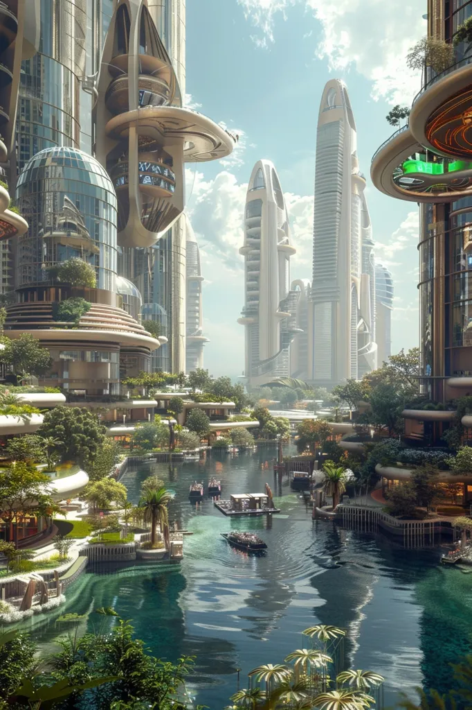 The image depicts a futuristic cityscape with tall, sleek buildings and a flowing canal. The buildings are adorned with intricate architectural details, including balconies and gardens, creating a sense of both futuristic and natural beauty. Lush greenery surrounds the canal, which is filled with small boats, suggesting a peaceful and vibrant urban life. The overall tone is one of harmony between nature and technology.