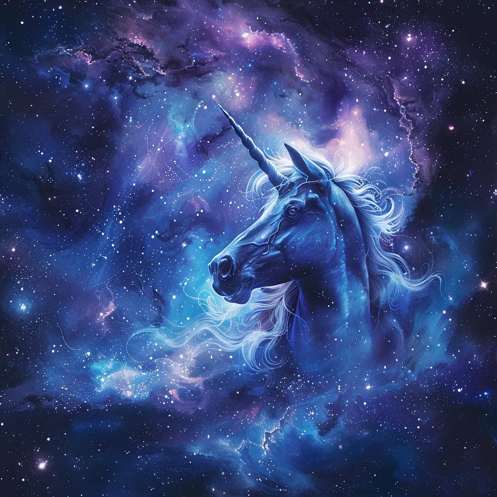 A majestic, dark blue unicorn with a flowing white mane and tail stands against a vibrant, starry night sky. The image is filled with swirling galaxies and twinkling stars, creating a sense of wonder and magic. The unicorn's horn points upwards, as if reaching for the celestial realm. The image evokes a sense of fantasy and the beauty of the cosmos.