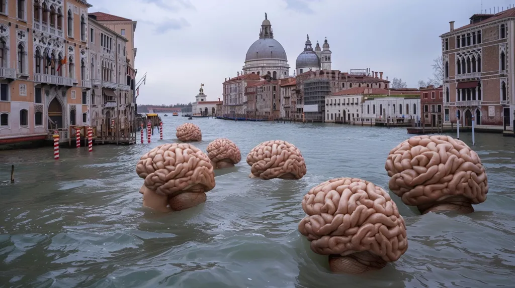 A series of large, fleshy brain sculptures float on the water in a canal. They are positioned in a line, facing the viewer. The canal is lined with buildings, including a large church with a dome. The sky is overcast and the water is choppy. The image creates a surreal and thought-provoking scene.