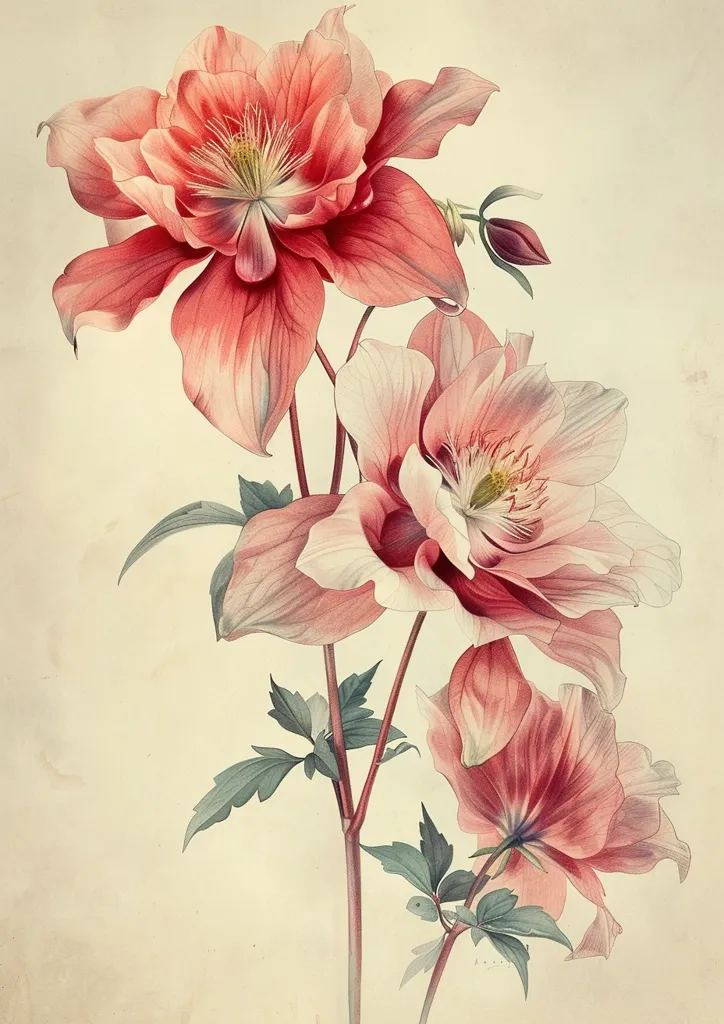 The image depicts a delicate botanical illustration of three pink flowers with delicate green leaves. The flowers have a soft, watercolor-like quality, with subtle shading and variations in color. The overall composition is elegant and refined, showcasing the beauty of nature in a simple yet stunning way.  The background is a soft cream color, allowing the flowers to stand out.