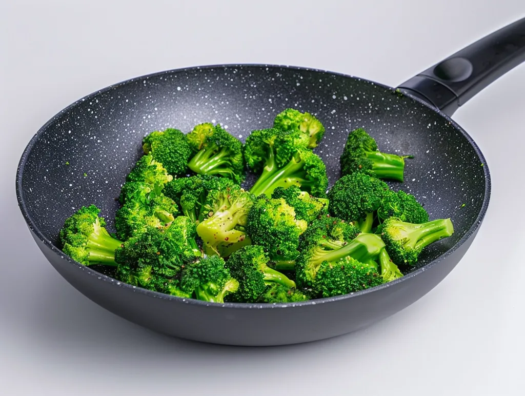 A black speckled frying pan with a black handle sits on a white surface. The pan is filled with chopped, cooked broccoli florets. The florets are bright green and appear to be lightly seasoned with black pepper. The broccoli is glistening from the heat.