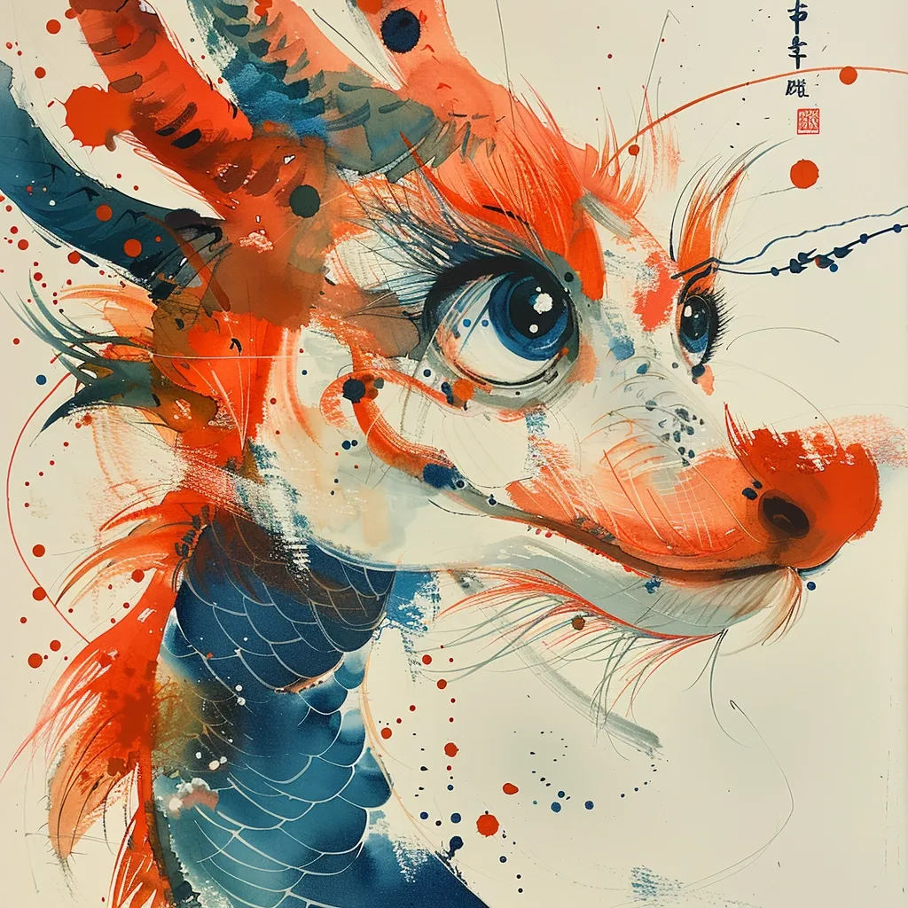 The image is a watercolor painting of a dragon's head. The dragon is mostly white with orange and blue details. It has one large blue eye and its mouth is slightly open, revealing a small pink tongue. The background is a light cream color with red and blue splatters. The painting is done in a stylized, almost cartoonish manner.  Chinese characters are visible in the upper right corner, suggesting the artist's heritage or influence.  The overall impression is one of whimsical charm and playful fantasy.