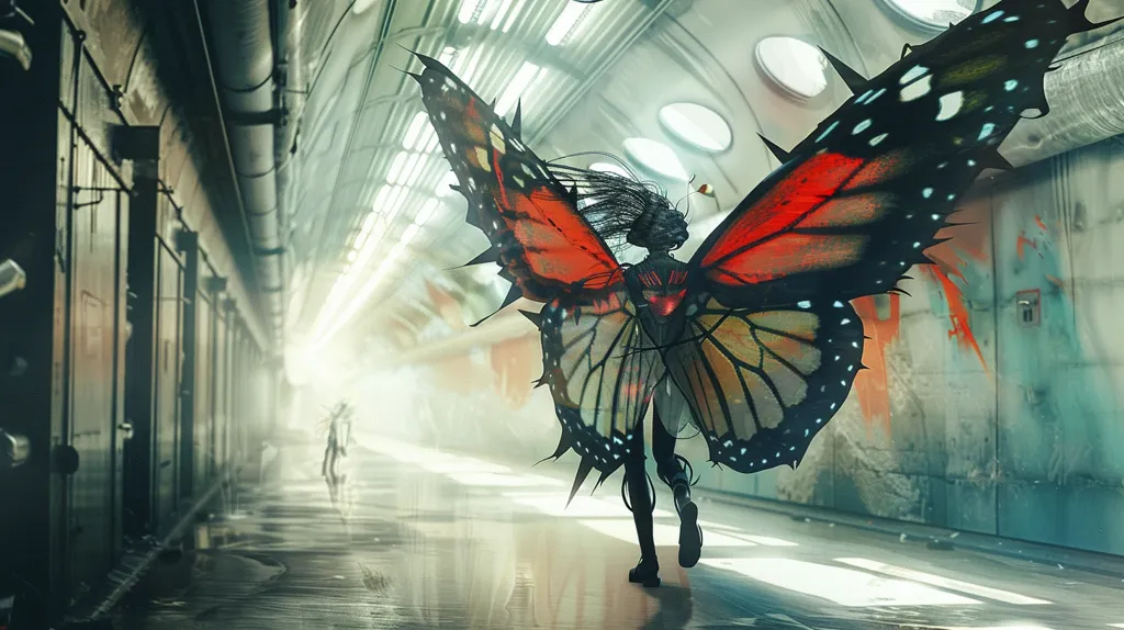 A person with large butterfly wings is running down a long, industrial corridor. The wings are a vibrant red, orange, and black, with intricate patterns. The corridor is lit by bright sunlight streaming in from the end, casting long shadows. The walls are grey and weathered, and the floor is wet and reflective. The overall atmosphere is one of mystery and intrigue.