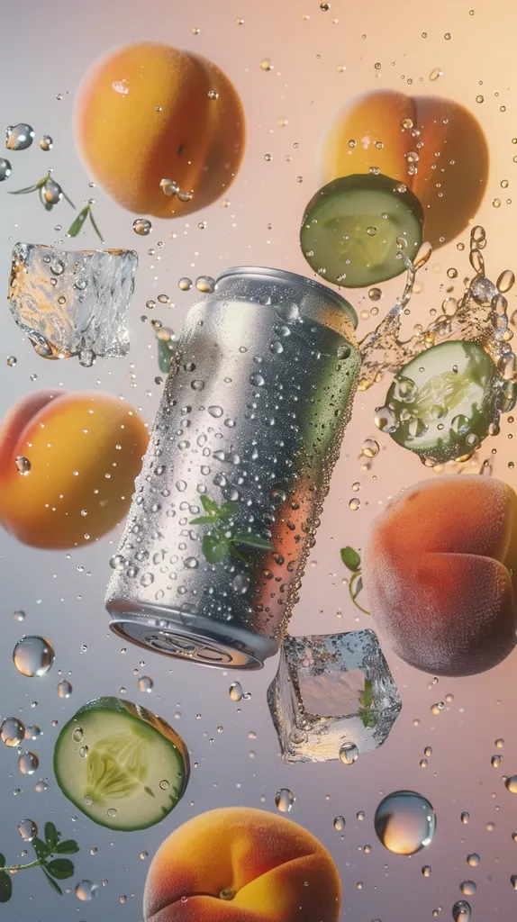 A silver can with condensation floats amidst a vibrant assortment of fresh fruit, including peaches and cucumbers. Ice cubes and water droplets add a touch of coolness to the composition, suggesting a refreshing beverage. The image evokes a sense of summer and summertime refreshment.