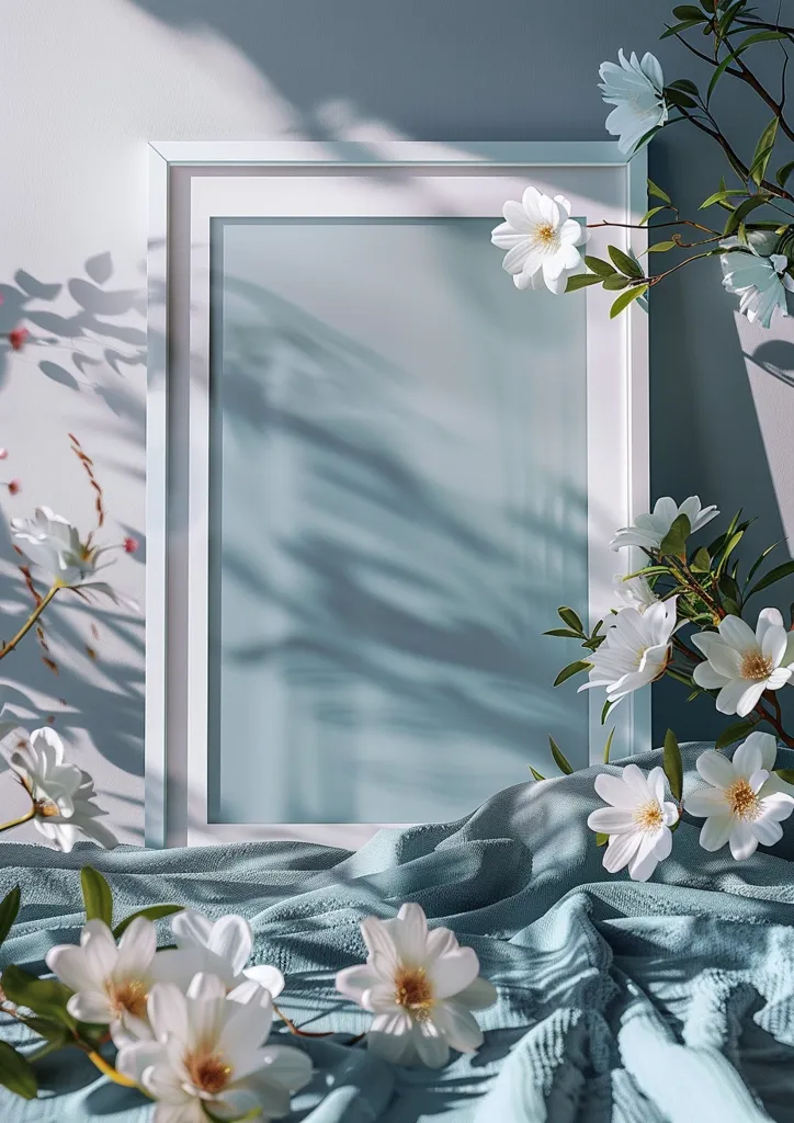A white picture frame sits against a light blue wall. The frame casts shadows on the wall.  A blue blanket with white flowers lays in front of the frame. The flowers appear to be blooming. Sunlight casts shadows from the wall onto the blanket and flowers.  The image has a soft, airy, and romantic feel.