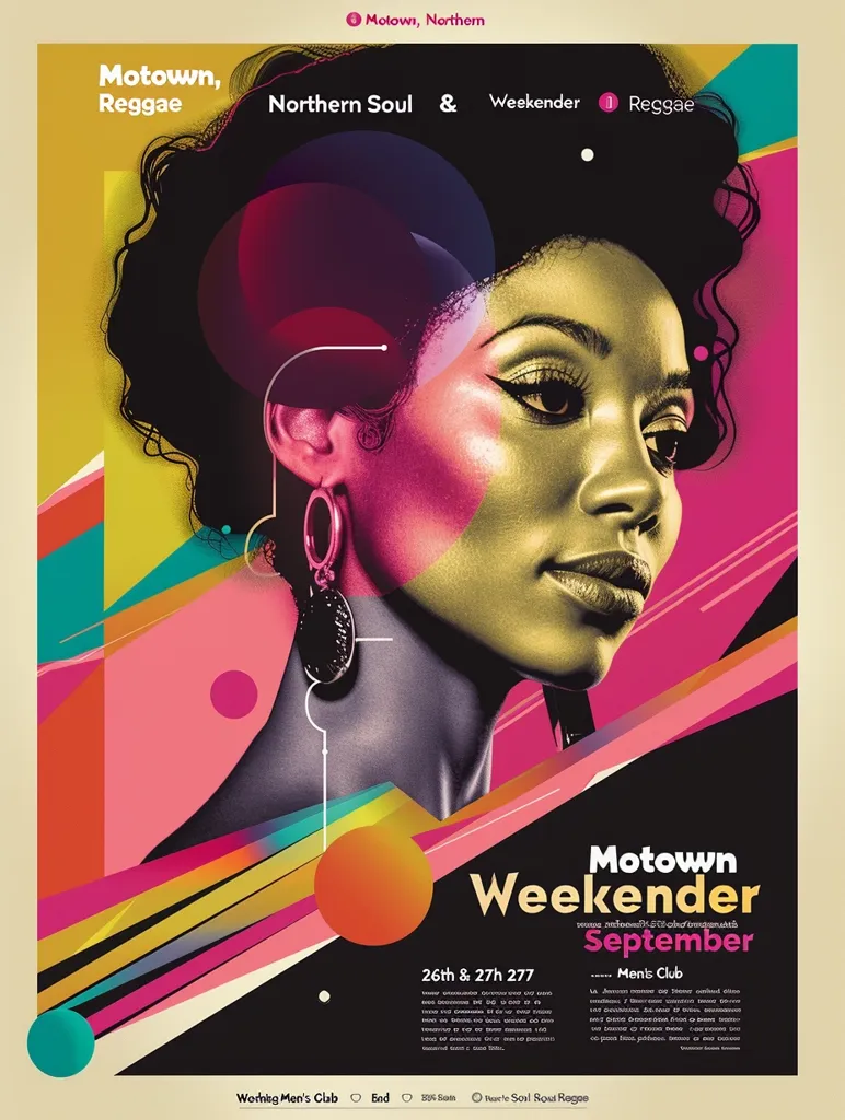 A colorful poster advertises a "Motown Weekender" event taking place on September 26th and 27th at Men's Club. The poster features a close-up of a woman's face with large, expressive eyes.  Bold geometric shapes in bright colors surround the image, creating a dynamic and vibrant design. The poster also features the words "Motown, Reggae, Northern Soul & Weekender" in a retro font.